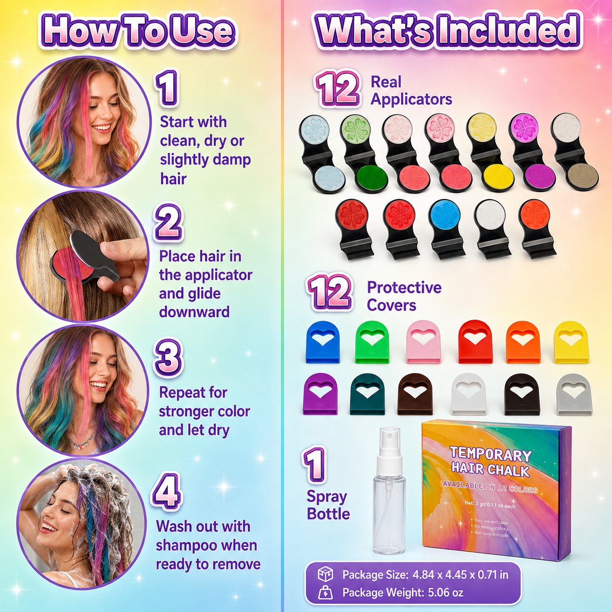 š 12-Color Washable Hair Chalk Styling Applicator Set | Vibrant Buildable Shades in Easy Clamp-On Applicators for Highlights, Streaks & Costume Looks āØ