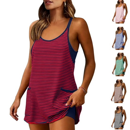 🌓Last Day 49% OFF - Women's Summer Sleeveless 4th Of July Striped Mini Dress with Built-in Shorts V Neck