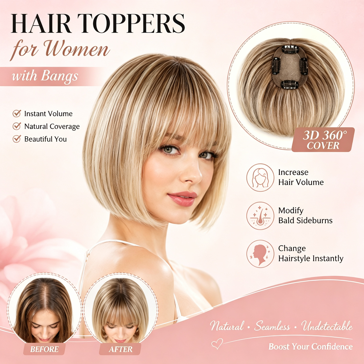 3D Clip-In Bangs Hair Topper for Women – Natural-Looking Volume & Coverage