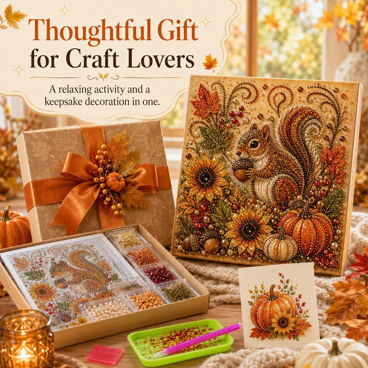 🍂🦊 Premium 3D Pearl Autumn Wall Art Kit | Luxury Fall Canvas with Scratch-Resistant Non-Fading Pearl Beads DIY Seasonal Decor ✨