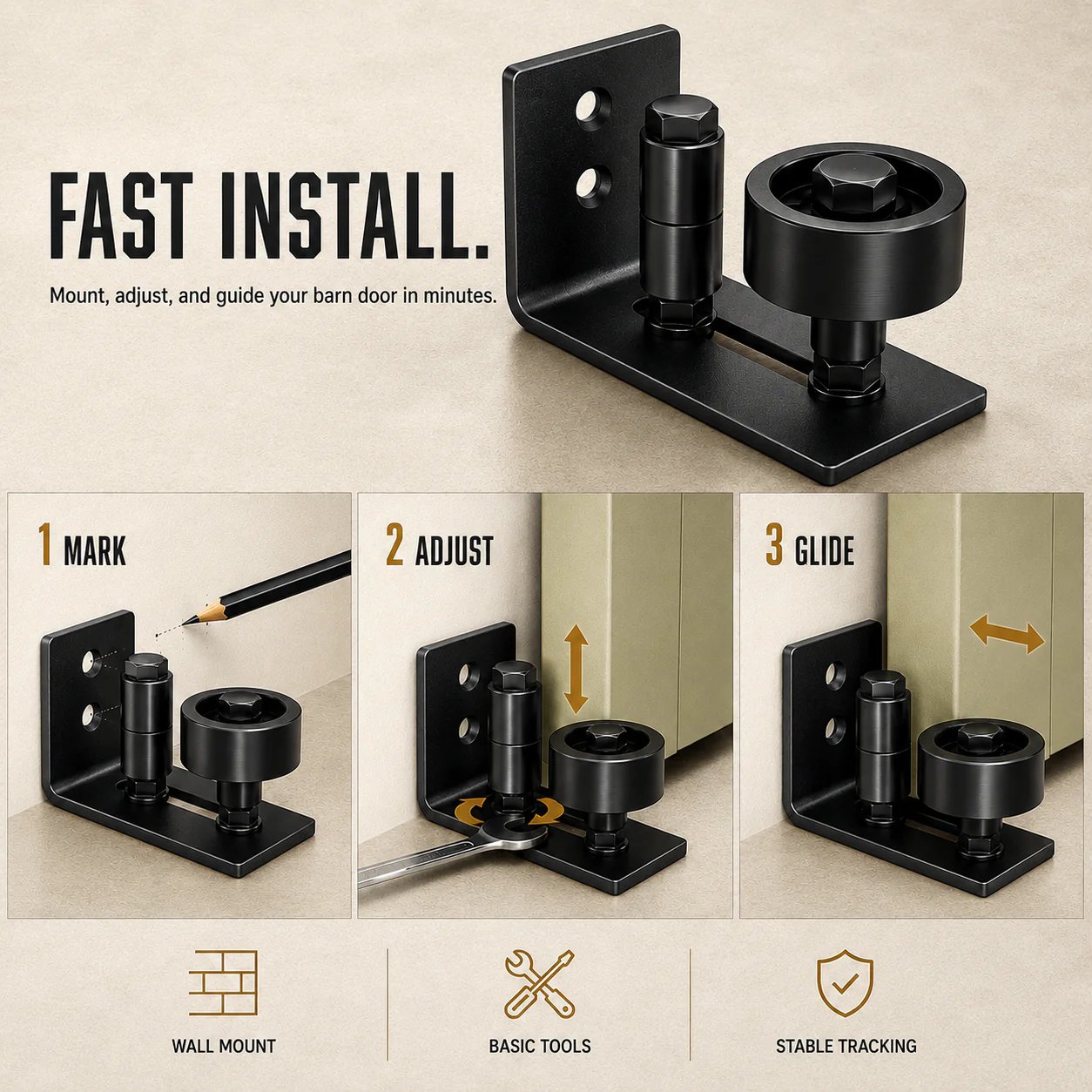 8-in-1 Adjustable Barn Door Floor Guide – Wall-Mount Stay Roller for Smooth, Stable Sliding