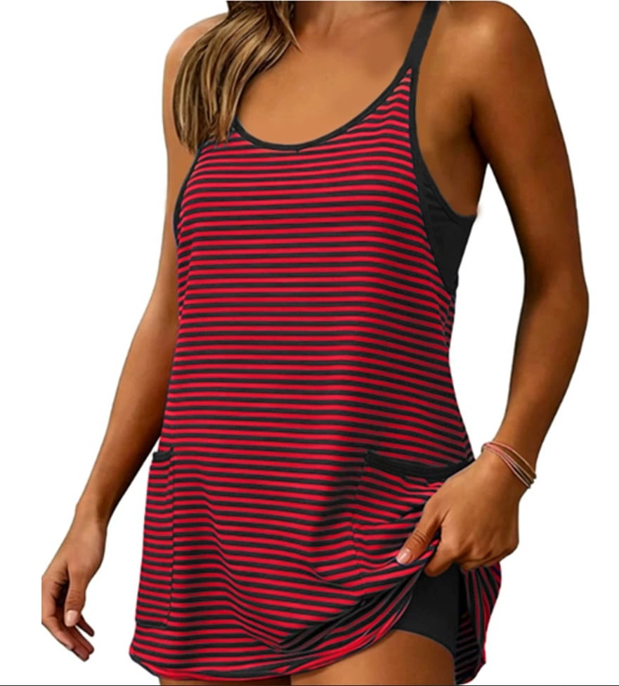 🌓Last Day 49% OFF - Women's Summer Sleeveless 4th Of July Striped Mini Dress with Built-in Shorts V Neck