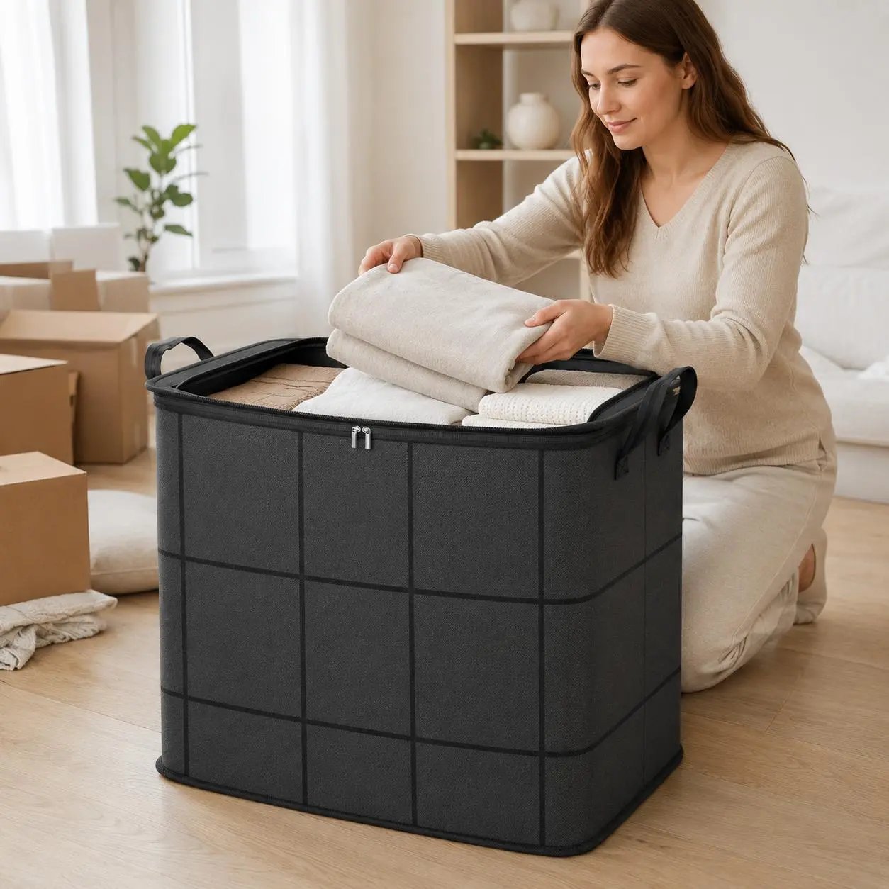 📦 Spacious Zippered Storage Bin – Large Capacity Bag for Quilts, Blankets & Sweaters, Perfect for Moving Day & Closet Organization