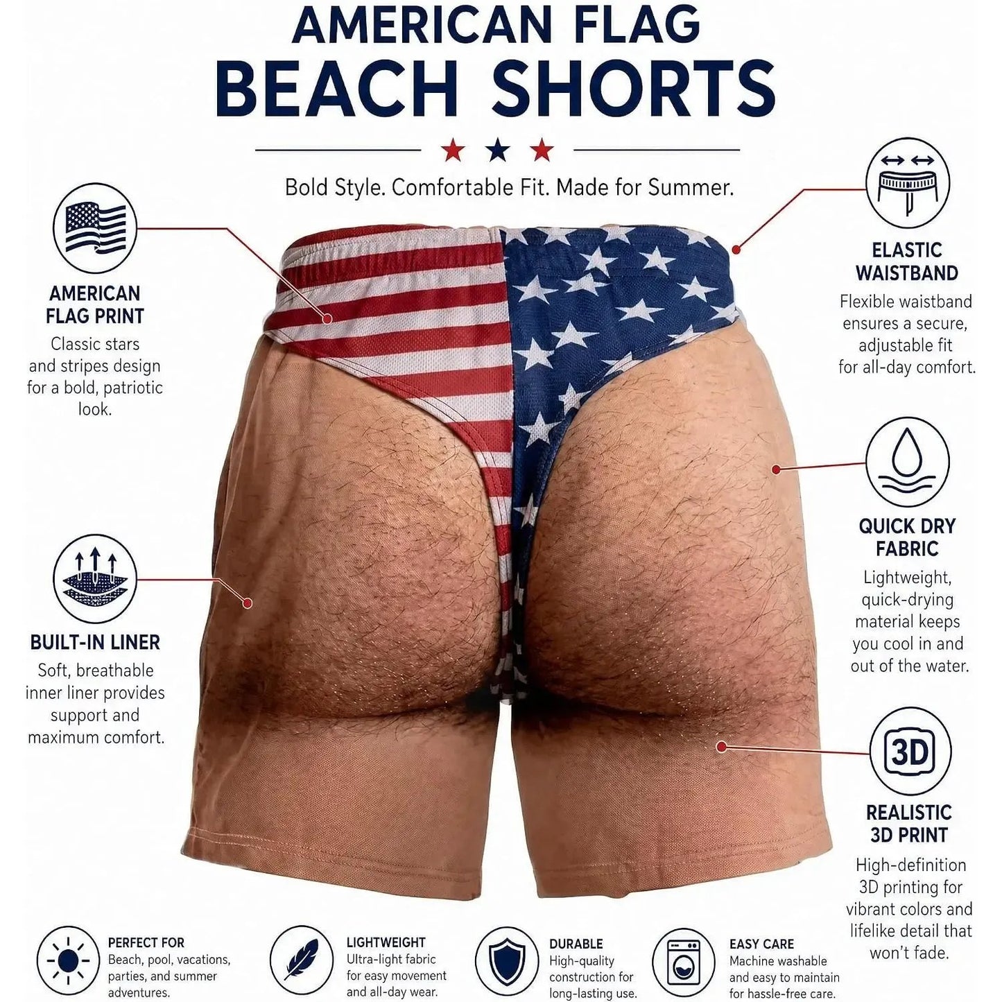 Funny American Flag Swim Trunks for Men – Unique Summer Gift for Beach Lovers