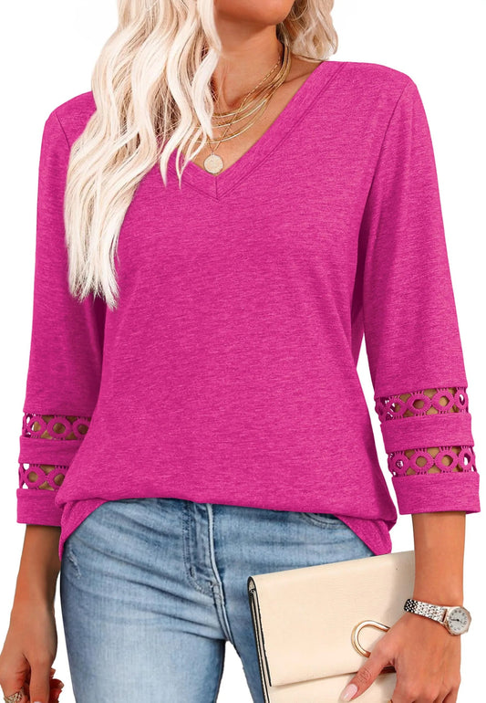 2026 New Womens 3/4 Length Sleeve Tops Trendy V Neck T Shirts
