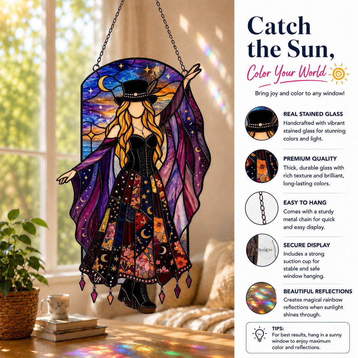 💥 LAST DAY 57% OFF - 💃 Stevie Nicks 🤘 Handmade Stained Glass Spinning Suncatcher