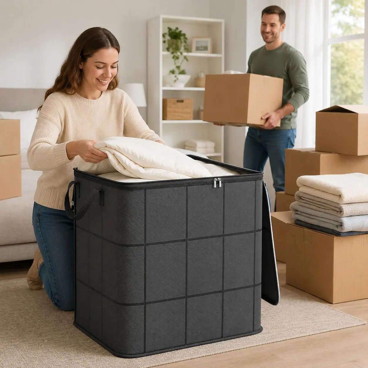 📦 Spacious Zippered Storage Bin – Large Capacity Bag for Quilts, Blankets & Sweaters, Perfect for Moving Day & Closet Organization