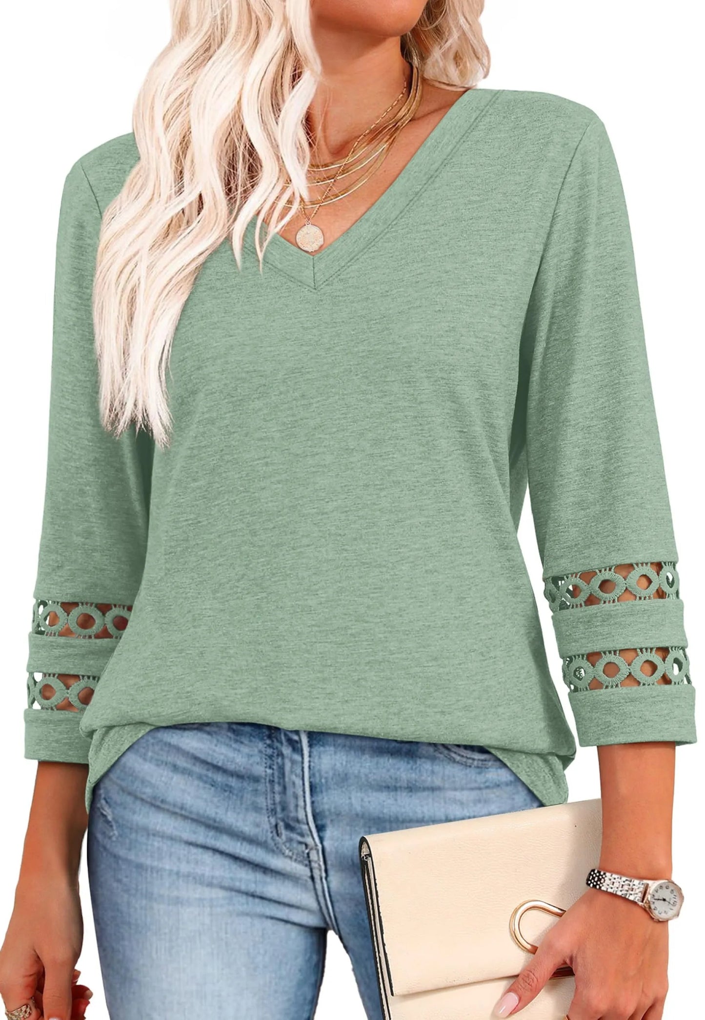2026 New Womens 3/4 Length Sleeve Tops Trendy V Neck T Shirts