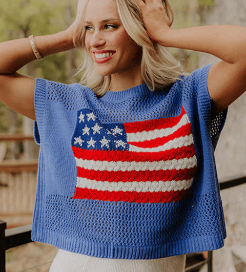 🌓Last Day 49% OFF-Women's Loose Fit American Flag Pattern Short Sleeve Knit Top – Patriotic Casual Summer Tee for 4th of July, Memorial Day, or Everyday Wear