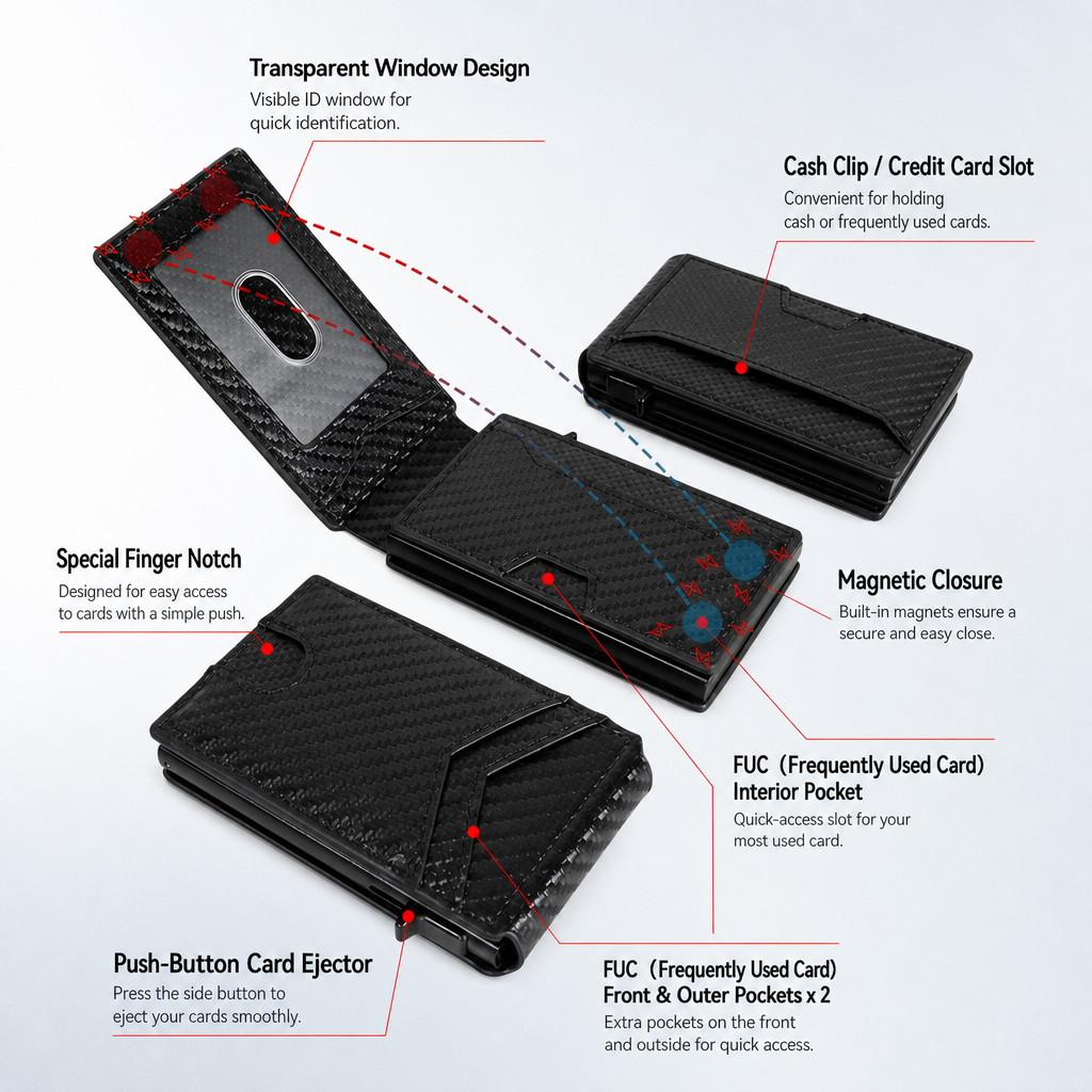 Slim RFID Wallet for Men – Pop-Up Card Holder with Money Clip & Dual ID Windows