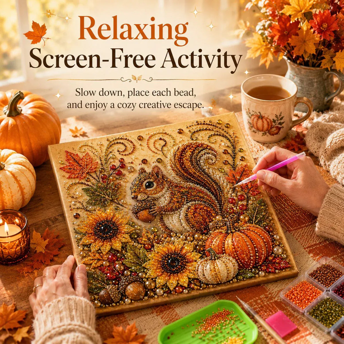 🍂🦊 Premium 3D Pearl Autumn Wall Art Kit | Luxury Fall Canvas with Scratch-Resistant Non-Fading Pearl Beads DIY Seasonal Decor ✨