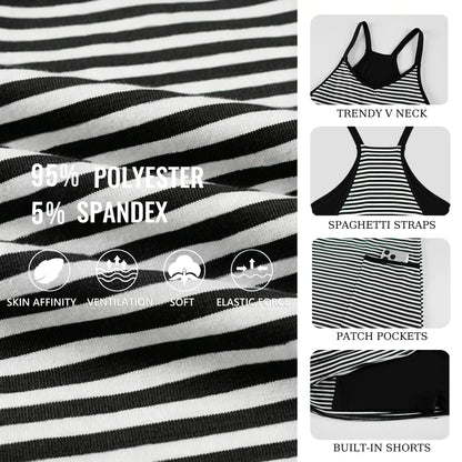 🌓Last Day 49% OFF - Women's Summer Sleeveless 4th Of July Striped Mini Dress with Built-in Shorts V Neck