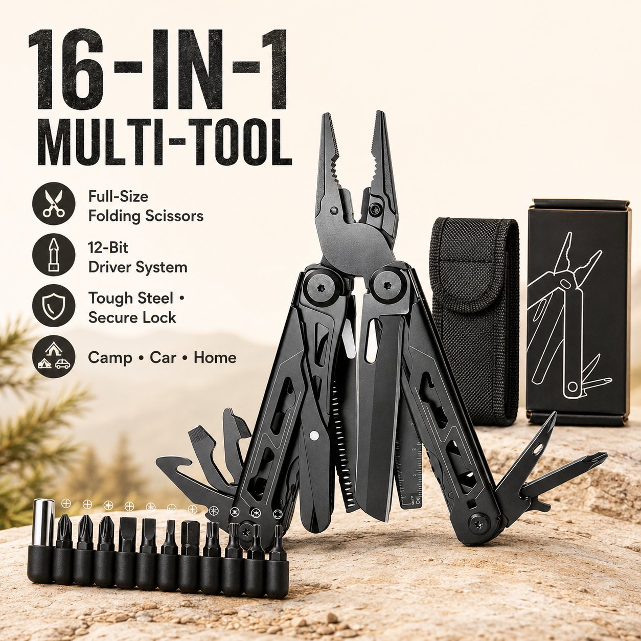 🏕️16‐in‐1 Multi‐Tool Pliers with Full‐Size Folding Scissors