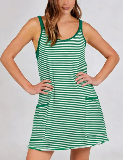 🌓Last Day 49% OFF - Women's Summer Sleeveless 4th Of July Striped Mini Dress with Built-in Shorts V Neck