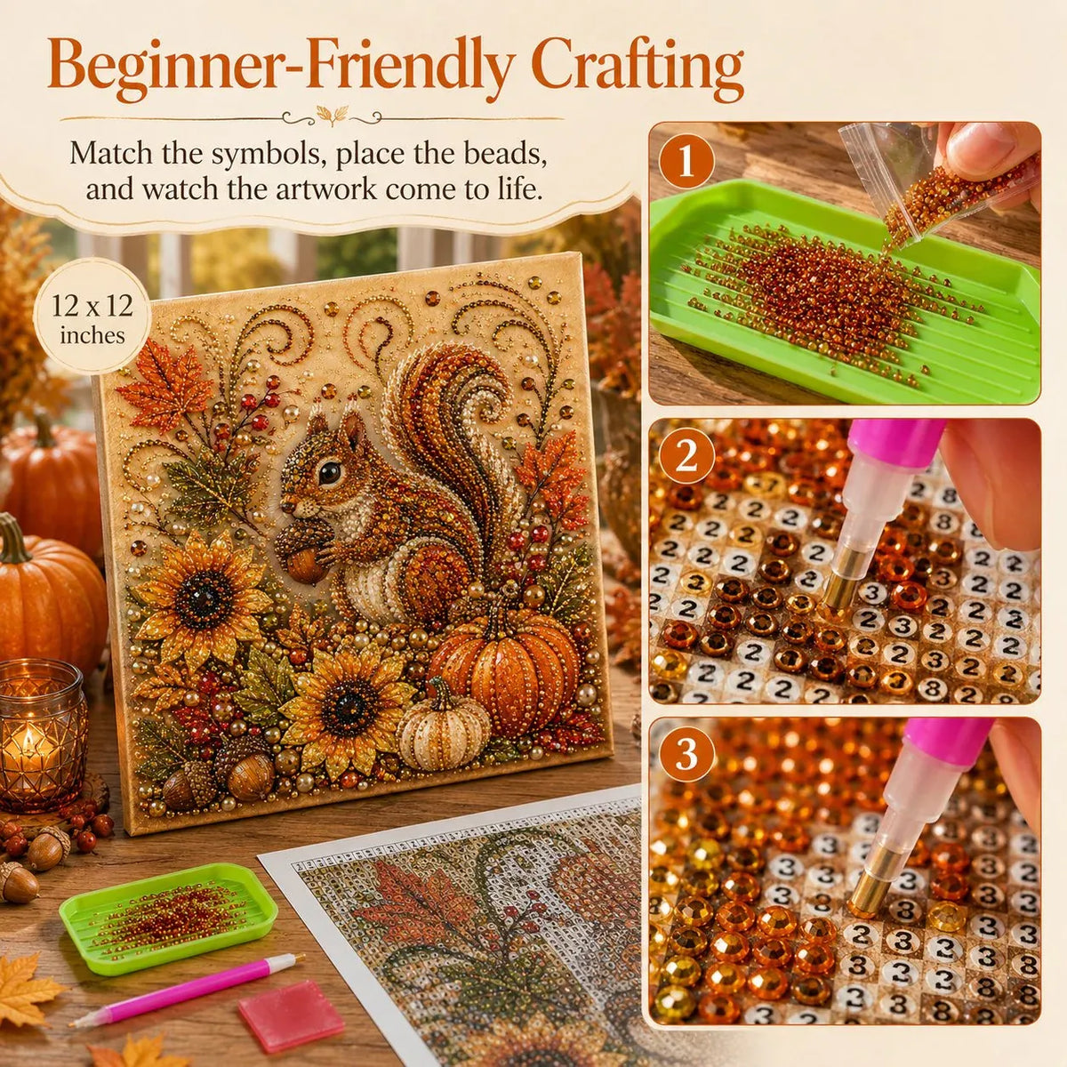 🍂🦊 Premium 3D Pearl Autumn Wall Art Kit | Luxury Fall Canvas with Scratch-Resistant Non-Fading Pearl Beads DIY Seasonal Decor ✨